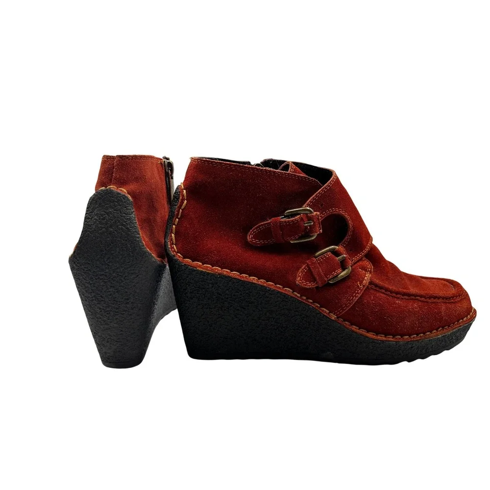 Pons Quintana Wedge‎ Ankle Boots Womens 37 Red Excellent Suede Monk Strap Spain